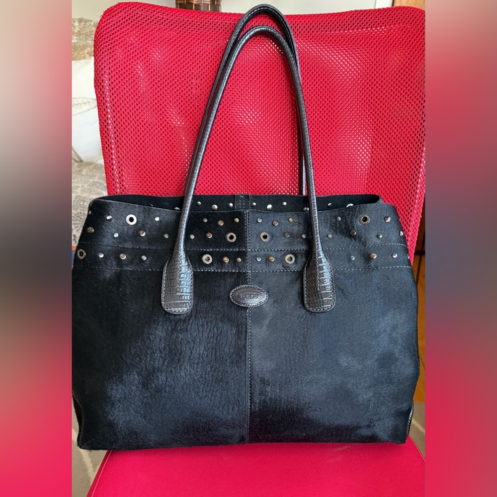 Vintage Tod’s lizard-trimmed ponyhair tote